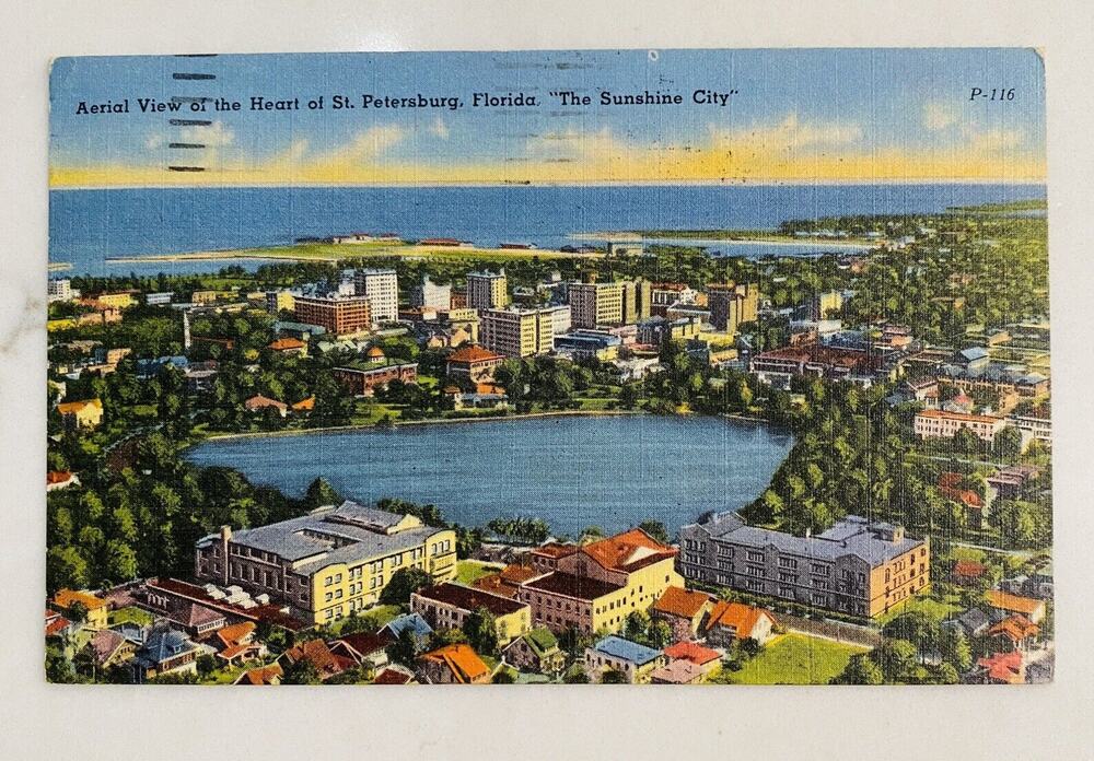 1956 Vintage Postcard Aerial View Heart Of St Petersburg Skyscrapers Florida